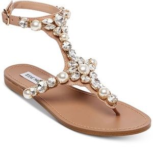 Steve Madden Tan Sandals with Pearl and Crystal Embellishments
